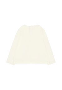 Maglia bianca a maniche lunghe con scollatura rotonda e un piccolo taglio a forma di chiave sul retro. Tessuto morbido e liscio con una vestibilità leggermente oversize.