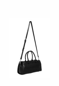 Sac à main en cuir noir avec deux poignées et une bandoulière amovible. Forme rectangulaire, surface texturée, détails métalliques brillants.