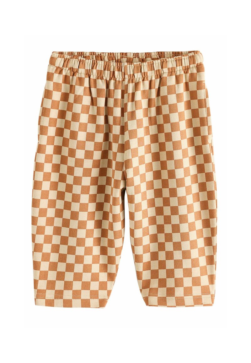 Narancssárga és krém színű kockás rövidnadrág, rugalmas derékkal, térd fölötti hosszúsággal és puha, struktúrált anyagból készült.