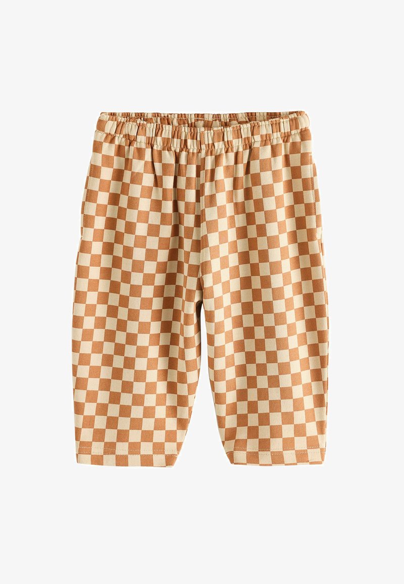 Narancssárga és krém színű kockás rövidnadrág, rugalmas derékkal, térd fölötti hosszúsággal és puha, struktúrált anyagból készült.