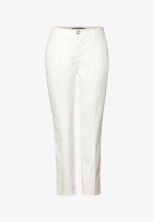 Pantaloni in cotone bianco con una vestibilità slim. Presentano una chiusura con bottone, passanti per cintura e due tasche laterali. Texture liscia senza fantasie.