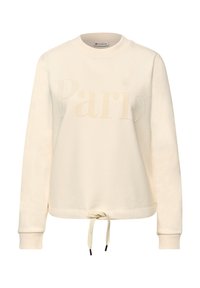 Sweatshirt crème avec "Paris" en lettres texturées, col rond, manches longues et ourlet à cordon de serrage avec des pointes contrastées.