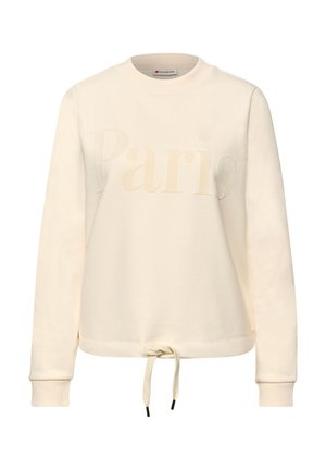 Cremiger Sweatshirt mit dem Schriftzug "Paris" in strukturierten Buchstaben, Rundhalsausschnitt, langen Ärmeln und einem Kordelzugsaum mit kontrastierenden Spitzen.
