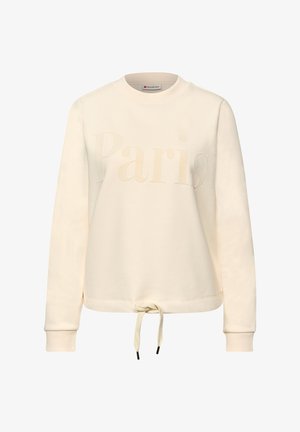 Crème sweatshirt met "Parijs" in tekstuur letters, ronde hals, lange mouwen en een trekkoordzoom met contrasterende uiteinden.