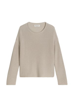Pull beige en maille à manches longues avec col rond, texture côtelée et ourlet légèrement court, étiquette indiquant Marc O’Polo.