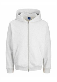 Gai pelēks zipa jaku ar kapuci, priekšējām kabatām, ripotām aprocēm un apakšmalu, izgatavota no mīksta, teksturēta materiāla.