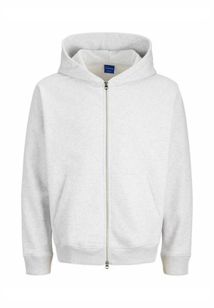 Vaaleanharmaa vetoketjullinen huppari, jossa on narun säätö, etutaskut, ribbauskiristykset hihoissa ja helmassa, valmistettu pehmeästä, teksturoidusta materiaalista.