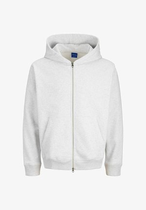 Šviesiai pilkas zip-up džemperis su reguliuojamu gobtuvu, priekinėmis kišenėmis, gumos apykaklėmis ir juosmeniu, pagamintas iš minkštos, tekstūruotos medžiagos.