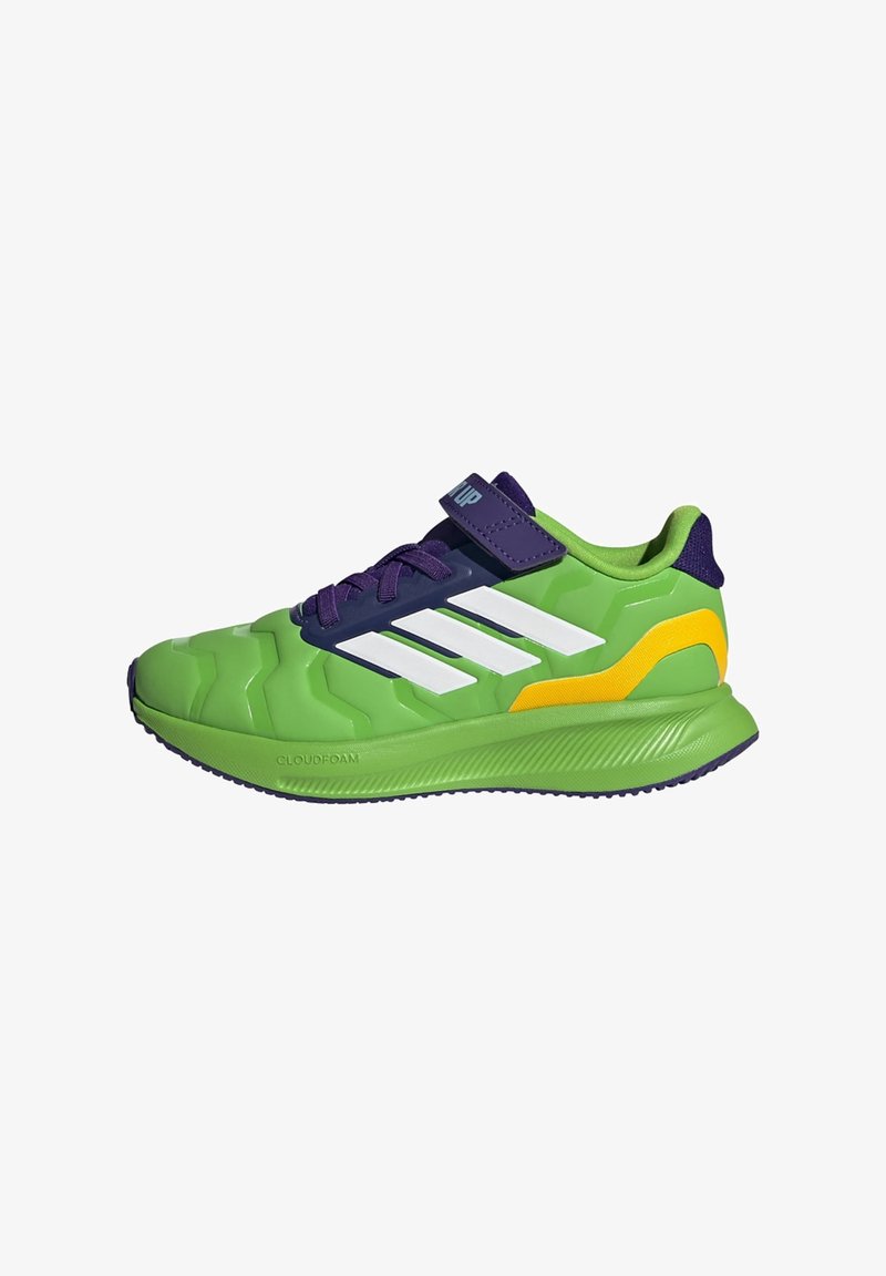 Green athletic shoe with a textured upper, three white stripes, purple laces, and a yellow accent on the heel. Features Cloudfoam technology.