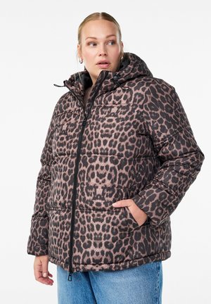 Leopardprint pufferjack met een rits aan de voorkant, capuchon en twee zijzakken. Gemaakt van textuurstof met een gewatteerd ontwerp.