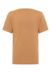 T-shirt brun chameau uni à manches courtes, vu de dos, avec un col rond et sans logos ni motifs visibles.