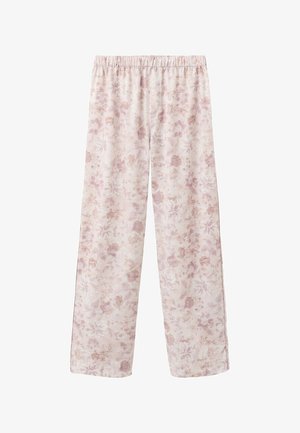 Lichtroze broek met bloemenpatroon, losse pasvorm, elastische tailleband, rechte pijpen en een zachte stoftextuur.