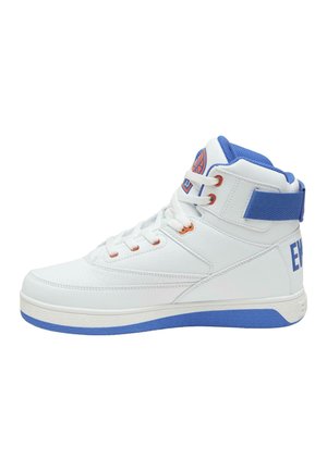 High-top sneakers with white synthetic leather upper, blue accents, and orange eyelets. Features padded collar and contrasting white sole.