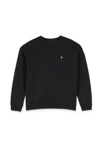 Sort sweatshirt lavet af en bomuldsblanding, med rund halsudskæring, lange ærmer, ribbede manchetter og et lille hvidt logo på brystet.