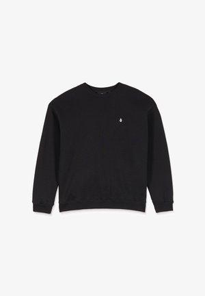 Black sweatshirt made of cotton blend, featuring a round neckline, long sleeves, ribbed cuffs, and a small white logo on the chest.