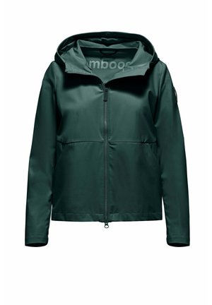 Ciemnozielona lekka kurtka z kapturem, z pełnym zamkiem z przodu i długimi rękawami, zaprojektowana do codziennego noszenia.