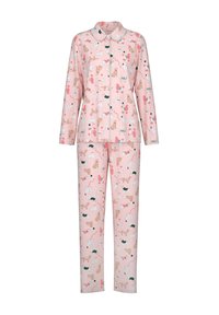 Rosa Pyjama-Set mit langen Ärmeln und Hosen, das ein verspieltes Muster mit verschiedenen Hundeeinschriften sowie roten und grünen Akzenten zeigt.