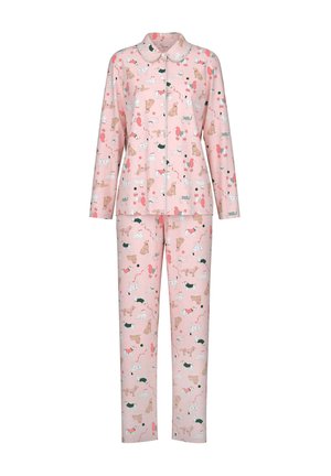 Set di pigiama rosa con maniche lunghe e pantaloni, caratterizzato da un motivo giocoso con varie illustrazioni di cani e dettagli in rosso e verde.