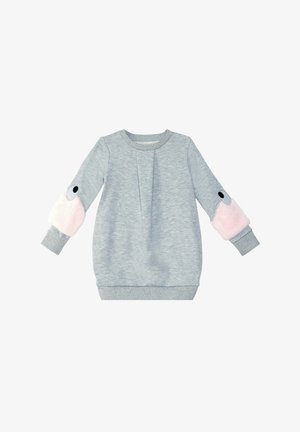 Grauer Pullover mit rosa flauschigen Akzenten an den Ärmeln, schwarzem Augendetail, Rundhalsausschnitt, gerippten Bündchen und Saum. Weicher Stoff mit Raffung an der Vorderseite.