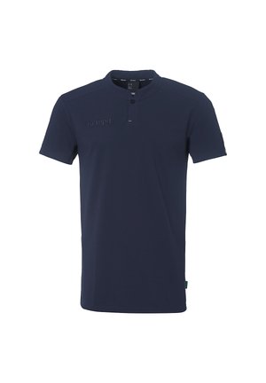 Navyblaues Poloshirt aus weichem Stoff, mit Knopfleiste, kurzen Ärmeln und einem gestickten Logo auf der Brust.