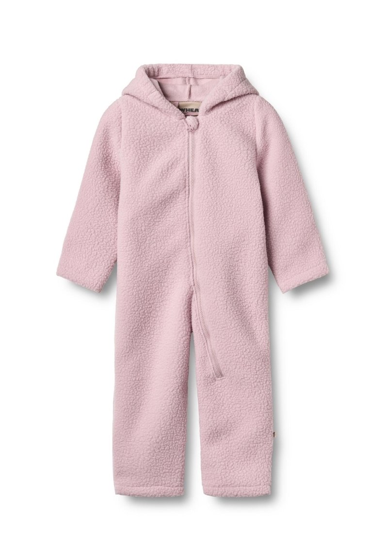Roze fleecedonsoverall met een capuchon, lange mouwen, rits aan de voorkant en textuurmateriaal. Beschikt over een gladde binnenvoering.