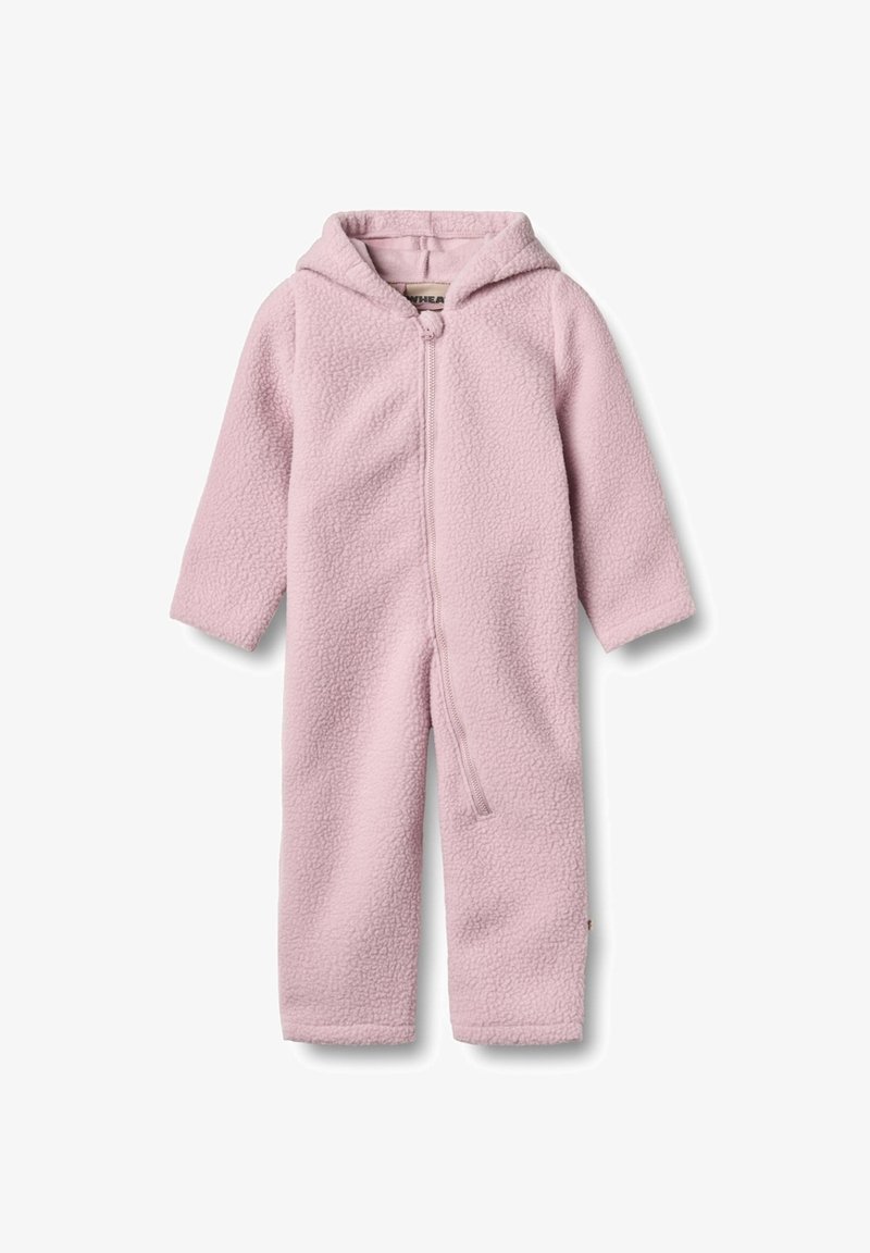Růžový froté overal s kapucí, dlouhými rukávy, zapínáním na zip a texturovaným materiálem. Vybavený hladkou vnitřní podšívkou.