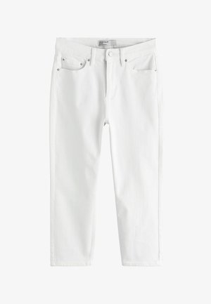 Hvide mid-rise slim crop jeans med frontknap og lynlås, bæltestropper og fem-lomme design.