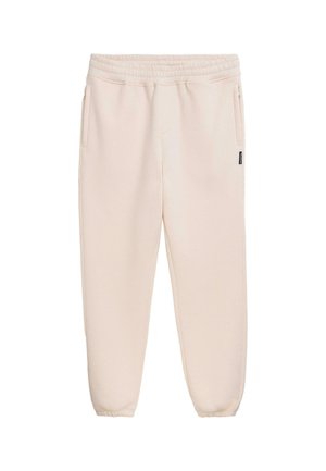 Jasno beżowe spodnie dresowe z elastycznym pasem, bocznymi kieszeniami i dopasowanymi mankietami. Wykonane z miękkiego materiału o gładkiej teksturze.