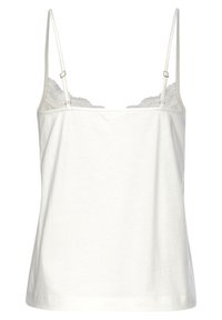 Weißes Camisole-Top mit dünnen, verstellbaren Trägern und einer Spitzenverzierung am Ausschnitt. Hergestellt aus weichem, leichtem Stoff. Einfaches Design.