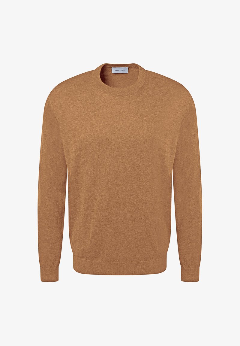 Men's long-sleeve camel brown crewneck sweater with ribbed cuffs and hem, displayed on a white background.