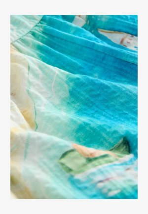 Lightweight fabric with a blue-green ombre effect, featuring abstract patterns in soft tones of yellow and beige. Fine texture, pleated design.