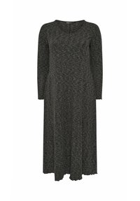 Langärmliges, dunkelgraues Strickkleid mit rundem Ausschnitt und leicht ausgestellt geschnittenem Saum, das ein dezentes texturiertes Muster aufweist.