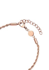 Pulsera de oro rosa con un diseño retorcido, cierre de langosta, cadena de extensión y una etiqueta con logotipo con un emblema en relieve.