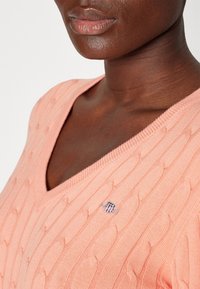 Gros plan sur une personne portant un pull en tricot à torsades couleur pêche avec un col en V et un petit logo brodé sur la poitrine.