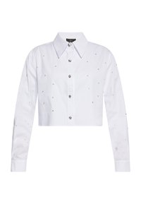 Camicia bianca corta con colletto classico, maniche a lunghezza intera e decorazioni in perline d'argento sul tessuto.