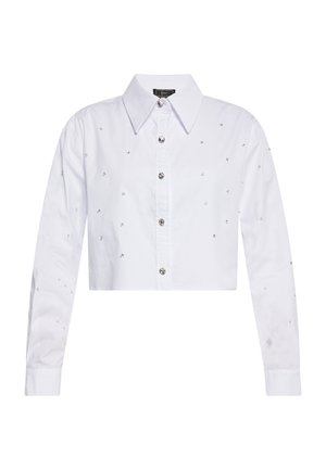 Cămașă albă scurtă cu guler clasic, mâneci lungi și decorațiuni cu cristale argintii pe material.