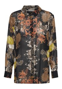 Blusa a maniche lunghe con bottone in tessuto nero trasparente, caratterizzata da un elaborato motivo floreale e paisley nei toni dell'arancione, giallo e bianco.