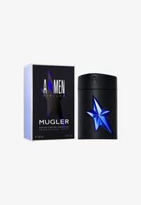 Bouteille noire avec un accent étoile bleue, enfermée dans une boîte au design noir et bleu. Produit étiqueté "A*Men Stellar" par Mugler, 100ml.