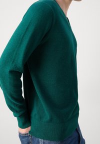 Maglione a maniche lunghe a V in verde scuro, realizzato in morbido tessuto; design aderente con polsini e orlo a coste, vista laterale.