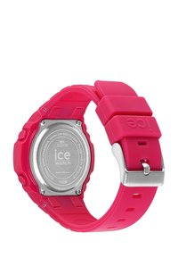 Reloj de silicona de color rosa brillante con una caja circular, cierre de metal y fondo de acero inoxidable. Resistente al agua hasta 100 metros.