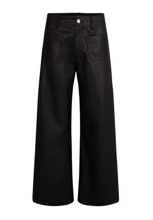 Pantaloni larghi in pelle nera con vita alta, dotati di due tasche frontali, chiusura con bottone in metallo e linee pulite e dritte.