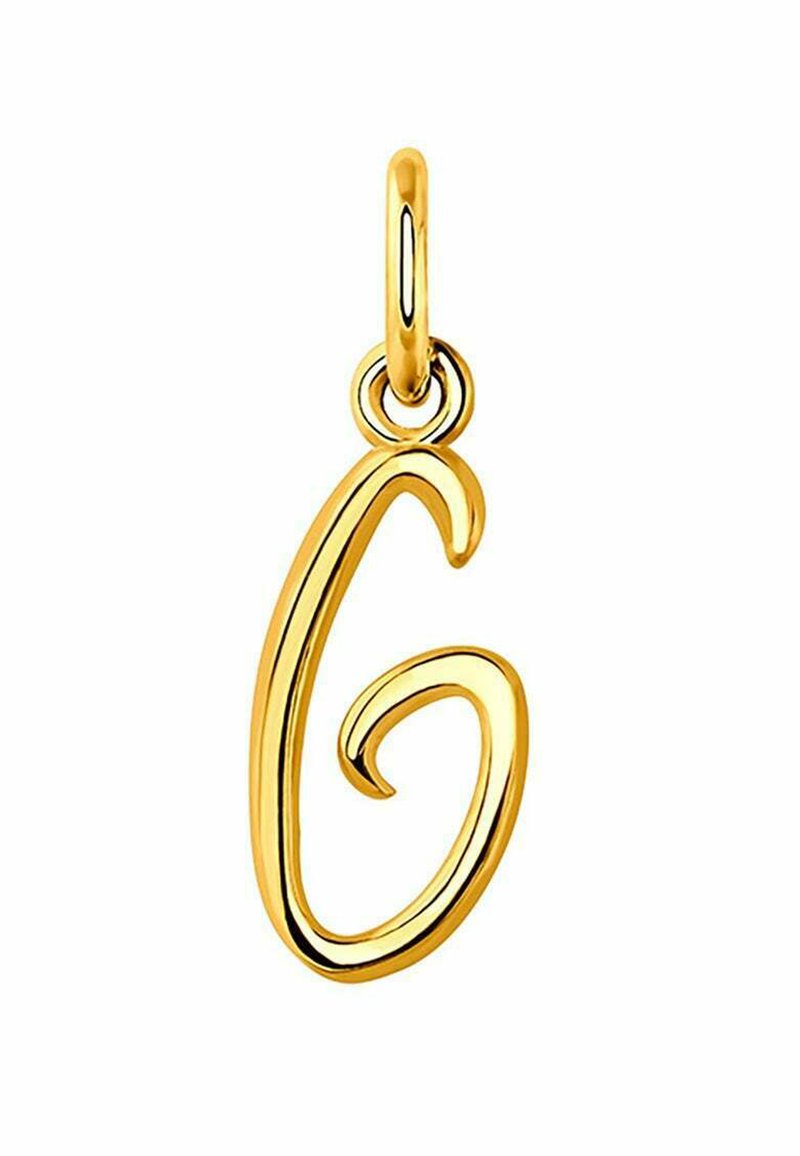 Encanto en forma de letra "G" en oro con un acabado suave y brillante; cuenta con un lazo para su sujeción y un diseño elegante en cursiva.