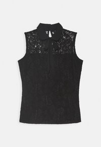 Haut noir sans manches avec un motif en dentelle, un col et un nœud papillon au niveau du cou, avec une texture lisse et une silhouette ajustée.