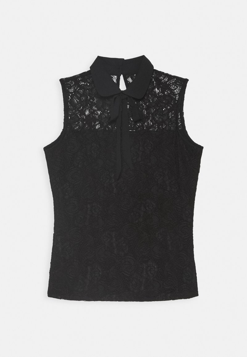 Haut noir sans manches avec un motif en dentelle, un col et un nœud papillon au niveau du cou, avec une texture lisse et une silhouette ajustée.