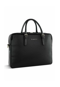 Schwarze synthetische Laptop-Tasche mit zwei Obergriffen, Reißverschlussverschluss und minimalistischem Design. Verfügt über eine dezente, gemusterte Textur und ein Logo.