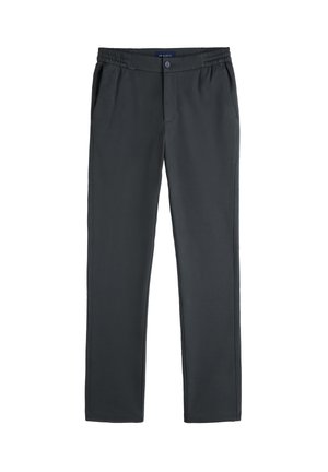 Dark gray men's casual trousers with elastic waistband, button closure, and side pockets, shown flat on a white background.