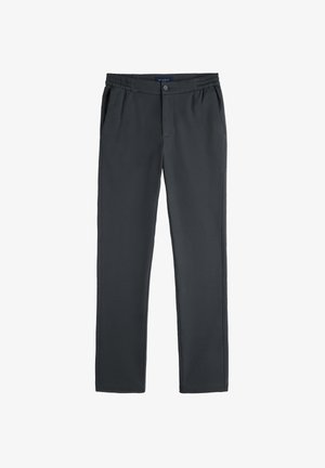 Pantalons décontractés pour homme gris foncé avec taille élastique, fermeture à bouton et poches latérales, présentés à plat sur un fond blanc.