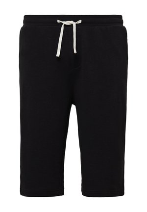 Schwarze Baumwollshorts mit einem elastischen Bund, ausgestattet mit einer weißen Kordel und einer einzigen Fronttasche. Glatte Textur mit geradem Saum.