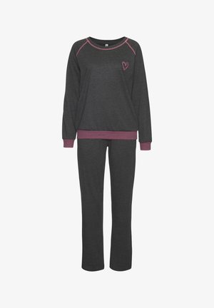 Dark gray loungewear set featuring a long-sleeve top with a pink heart detail and striped cuffs, paired with matching pants. Smooth texture.