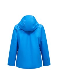 Blauwe waterdichte jas met een capuchon. Heeft een gladde textuur en lange mouwen. Eenvoudig ontwerp zonder zichtbare patronen of hardware details.